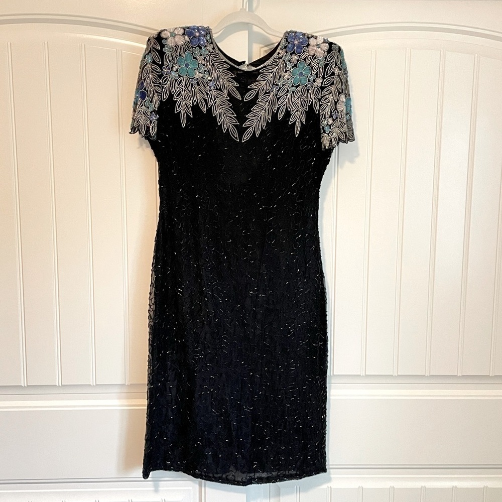 Vintage Tan Chho 100% silk beaded and sequins midi dress size large